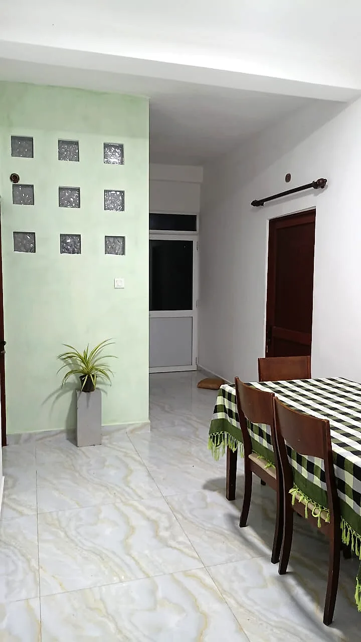 Dining corner with a green glass-block wall, a potted plant and a checked tablecloth