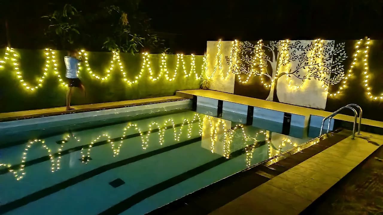 Pool draped in fairy lights at night with the painted tree wall glowing behind